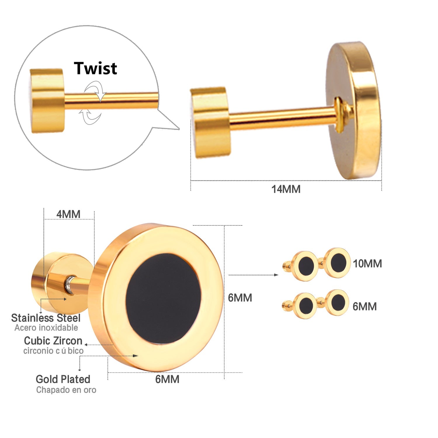 12 pairs 6mm/10mm/golden steel colored cylindrical white/black shell screw plugs asonjewelry