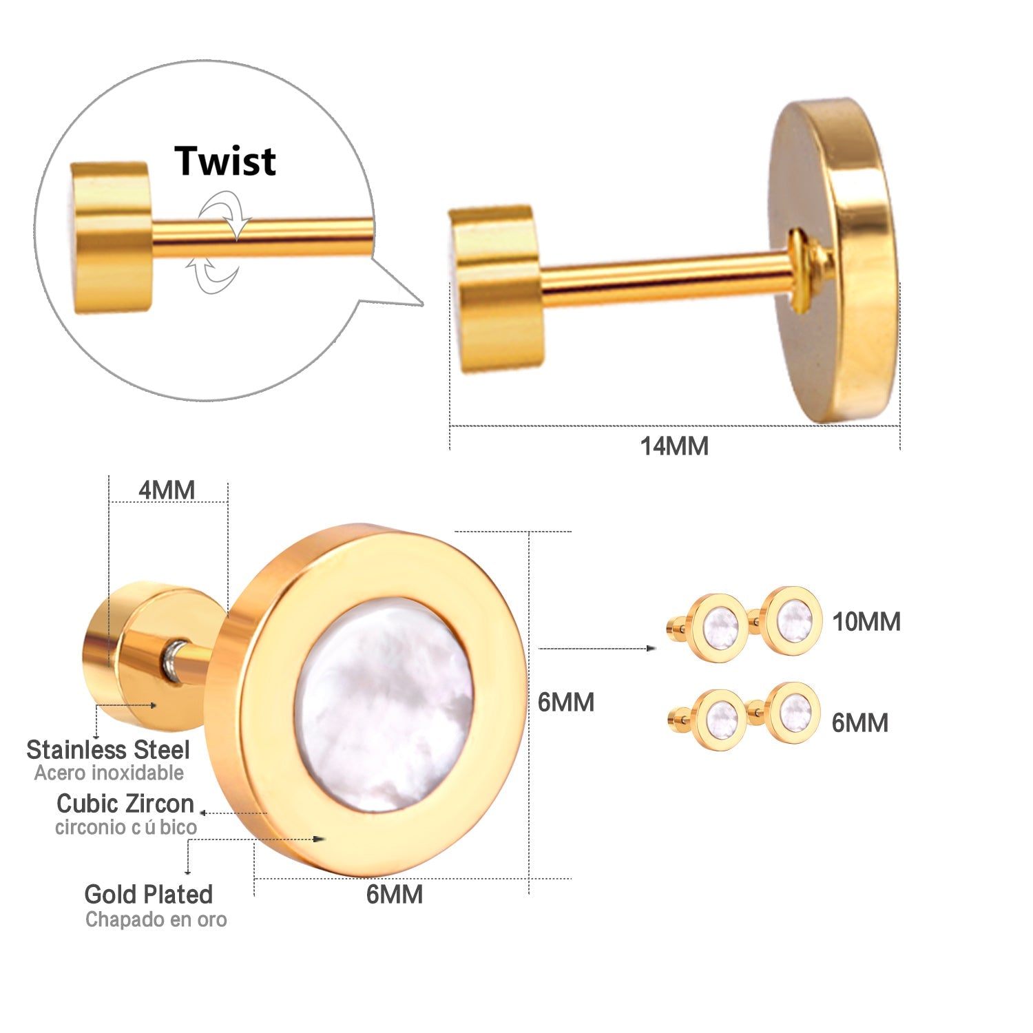 12 pairs 6mm/10mm/golden steel colored cylindrical white/black shell screw plugs asonjewelry