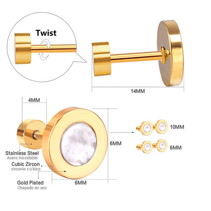 12 pairs 6mm/10mm/golden steel colored cylindrical white/black shell screw plugs asonjewelry