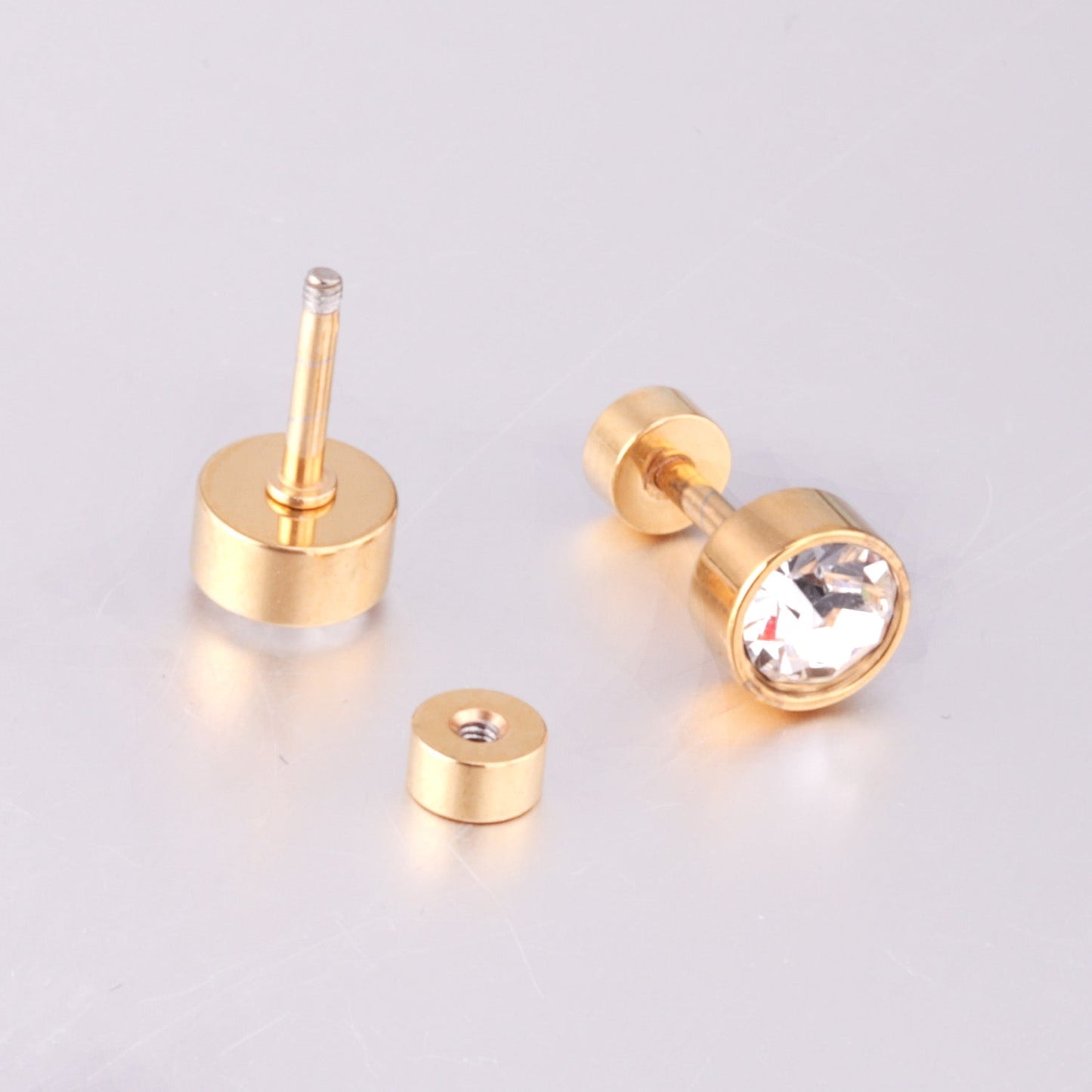 3mm~6mm Steel & Gold Cylindrical White Diamond Screw Plugs asonjewelry