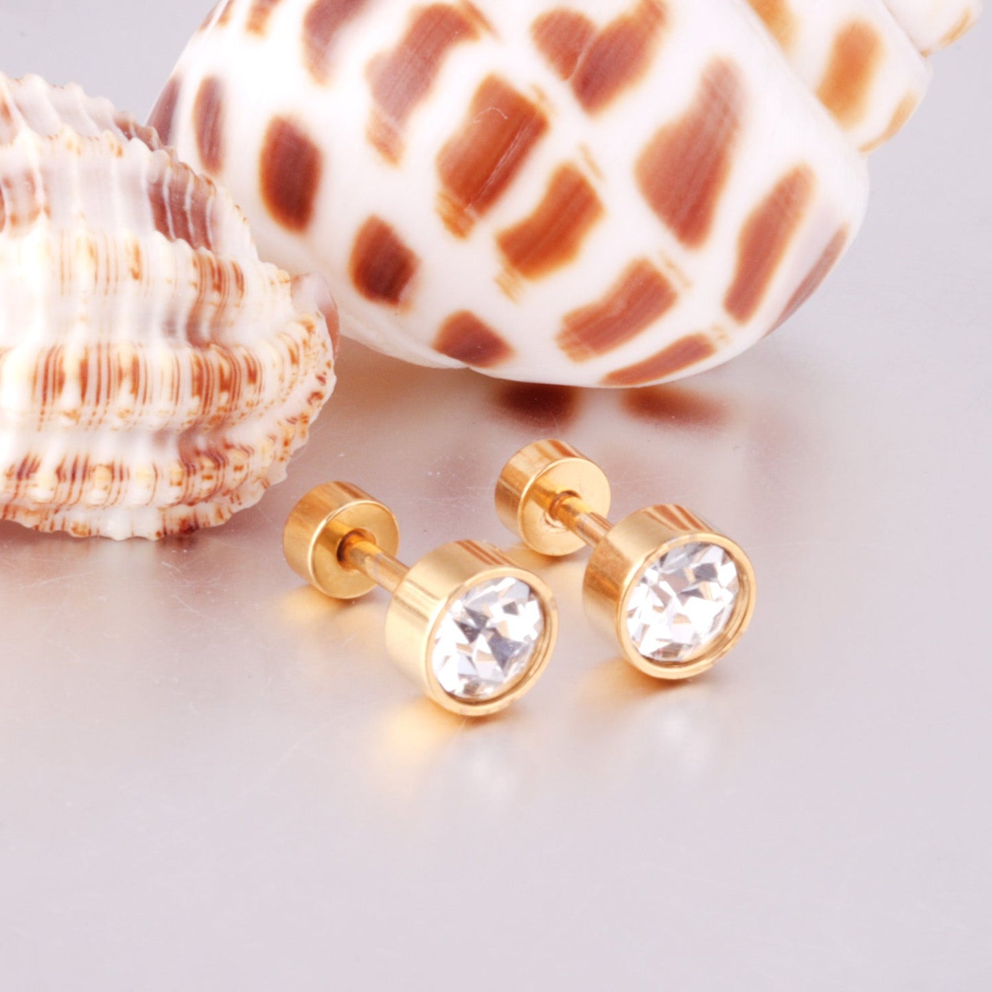 3mm~6mm Steel & Gold Cylindrical White Diamond Screw Plugs asonjewelry