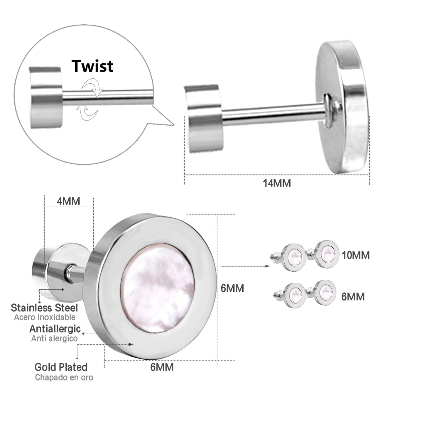 12 pairs 6mm/10mm/golden steel colored cylindrical white/black shell screw plugs asonjewelry