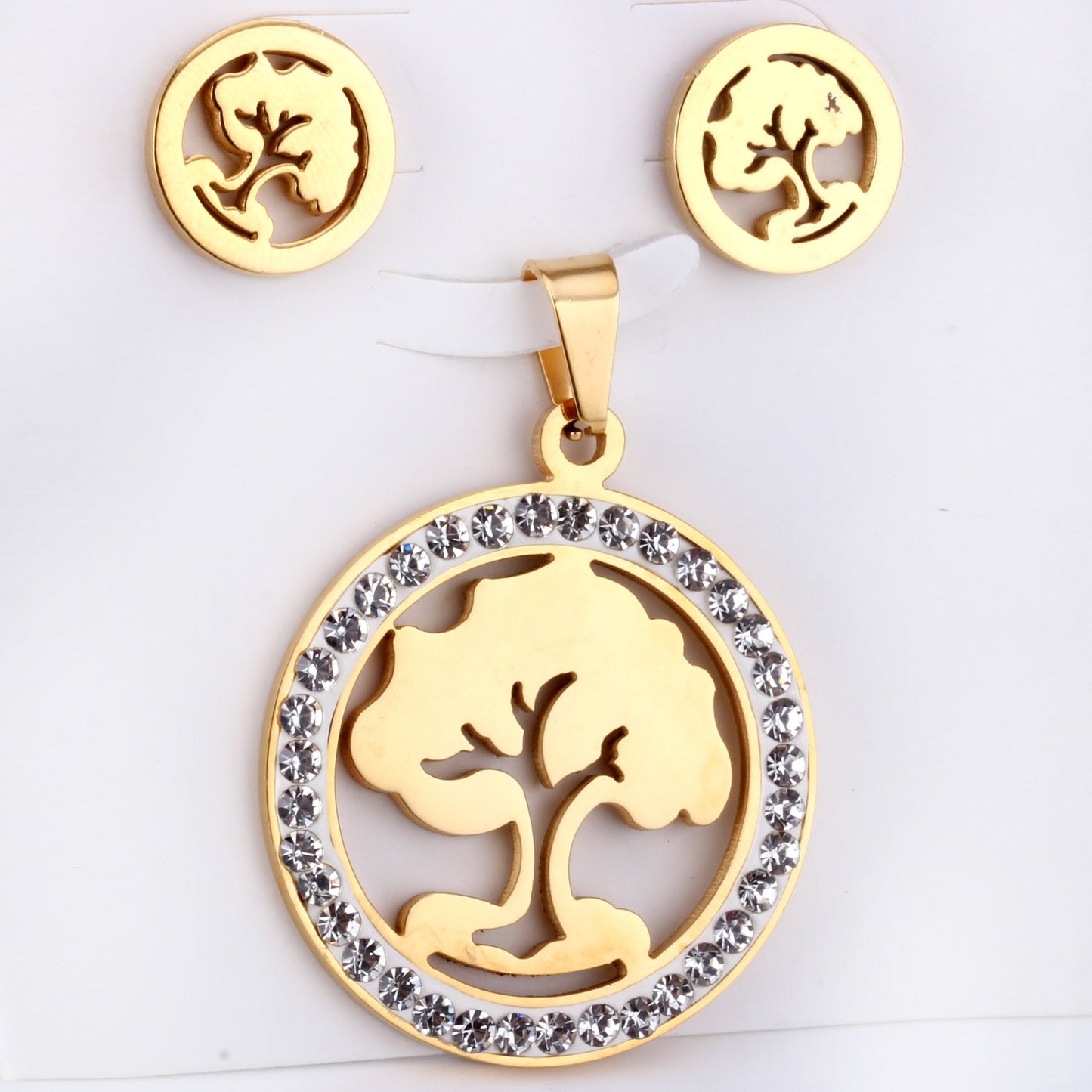 Steel/golden smooth partially glued diamond hollow tree cut jewelry set asonjewelry