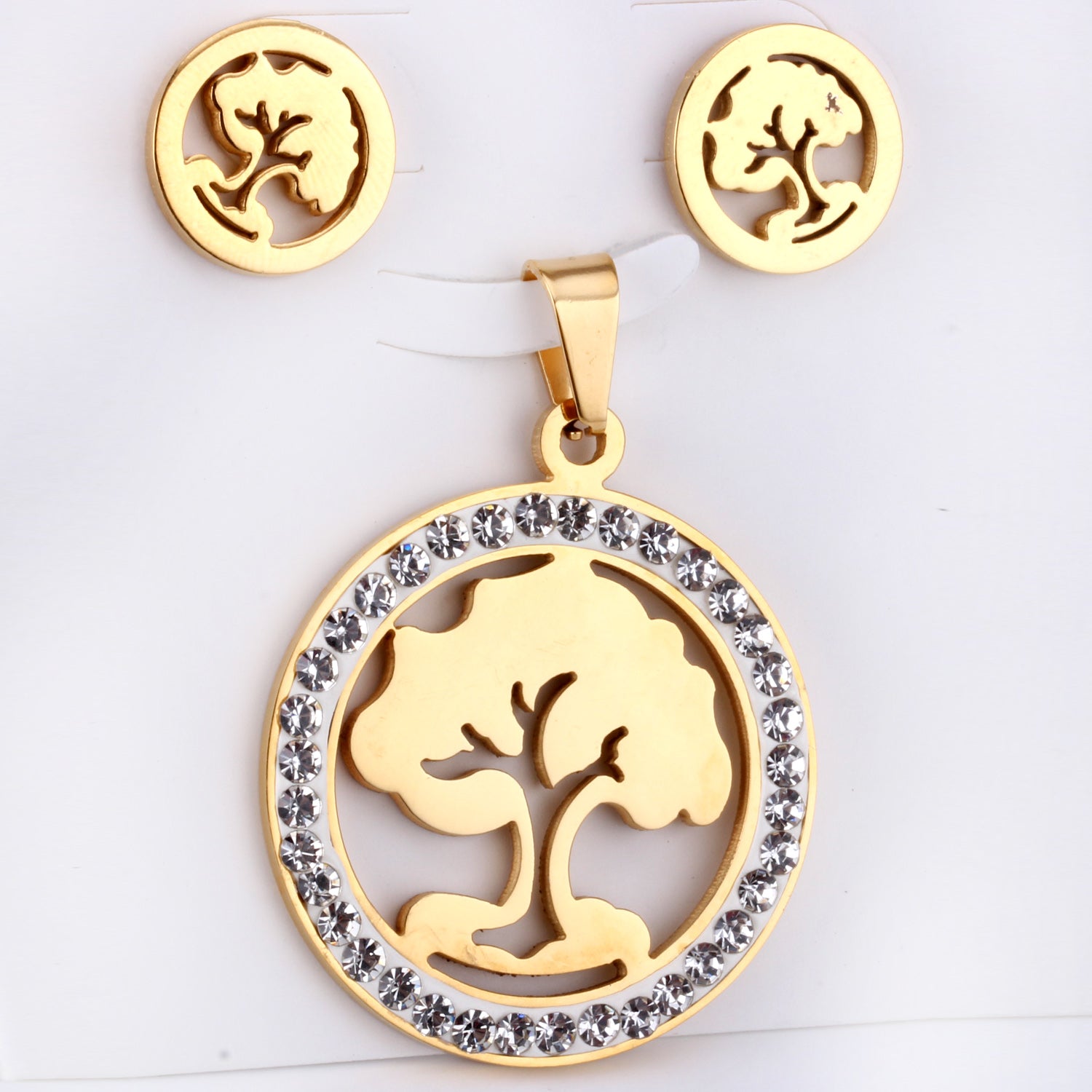 Steel/golden smooth partially glued diamond hollow tree cut jewelry set asonjewelry