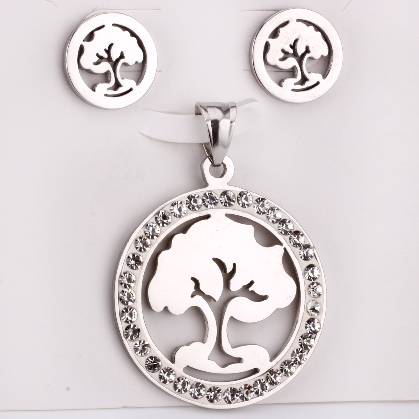Steel/golden smooth partially glued diamond hollow tree cut jewelry set asonjewelry