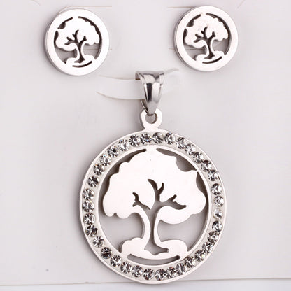 Steel/golden smooth partially glued diamond hollow tree cut jewelry set asonjewelry