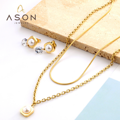 Round Corner Square White Pearl with Diamond Double Chain Jewelry Set asonjewelry