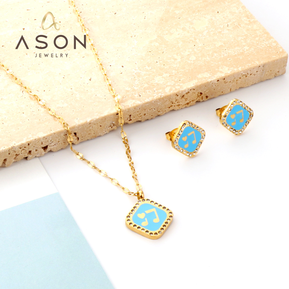 Square Blue Musical Note With Heart Jewelry Set asonjewelry