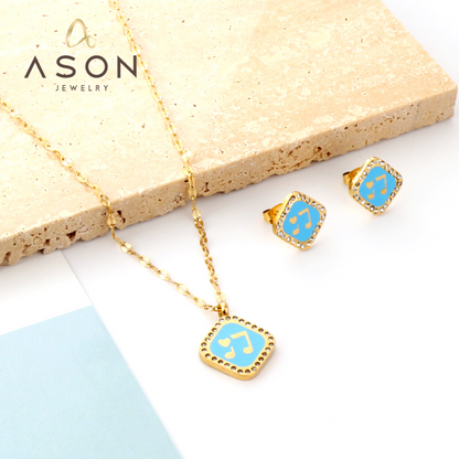 Square Blue Musical Note With Heart Jewelry Set asonjewelry