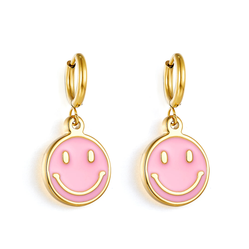 Stainless Steel Pink Round Smiley Face Earrings asonjewelry