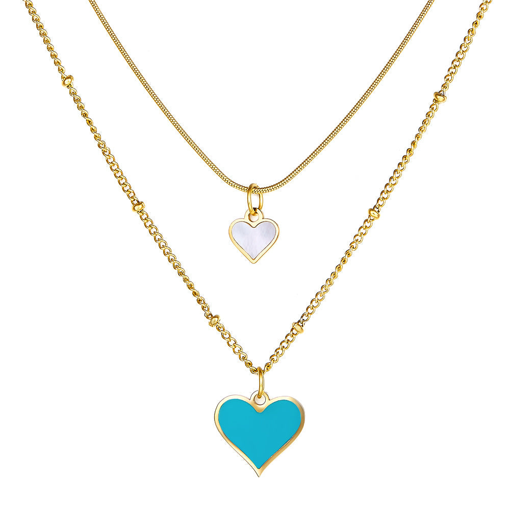 Blue and White Shell Heart-shaped Double Necklace asonjewelry