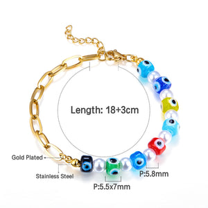 Pulsera Mitad De Acero Con Cadena Mitad Perlas Y Ojos Accesorios