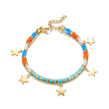Mixed Color Bead Chain+5 Star Double Bracelet asonjewelry