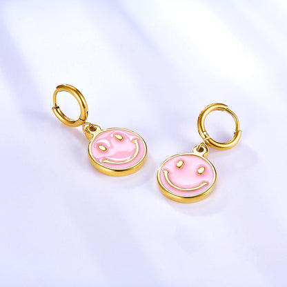Stainless Steel Pink Round Smiley Face Earrings asonjewelry
