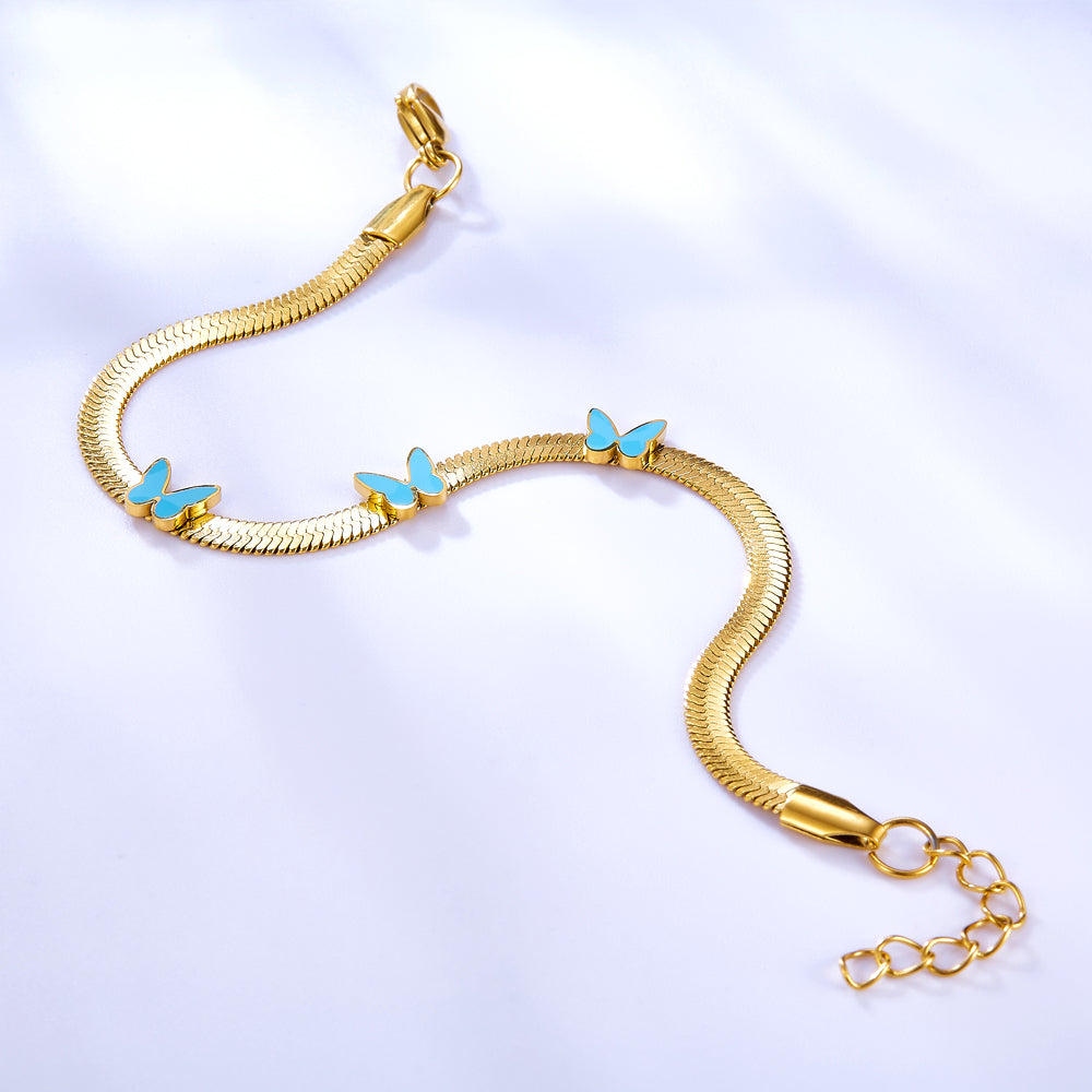 Stainless Steel 3 Light Blue Butterflies Accessory Bracelet asonjewelry