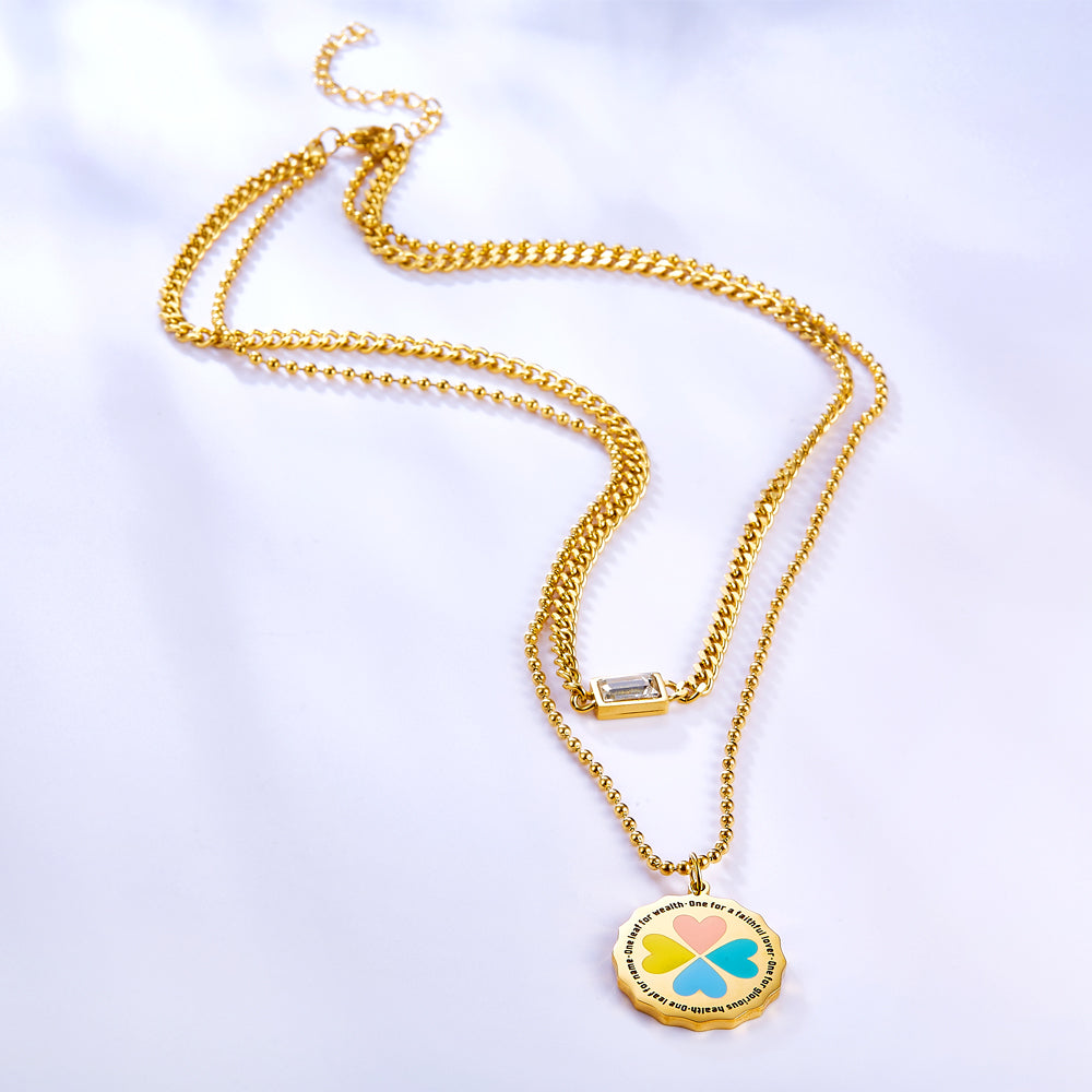 Round Colourful Heart-shaped Pattern Double Necklace asonjewelry