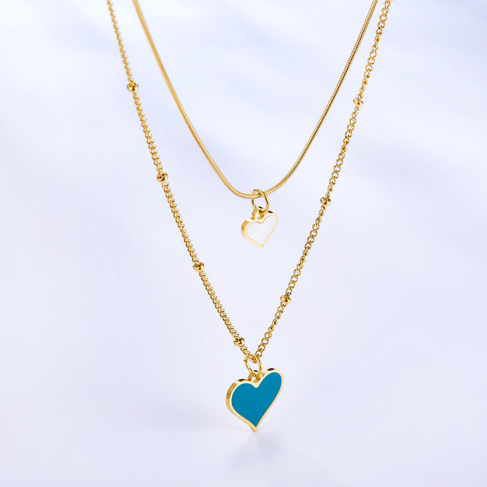 Blue and White Shell Heart-shaped Double Necklace asonjewelry