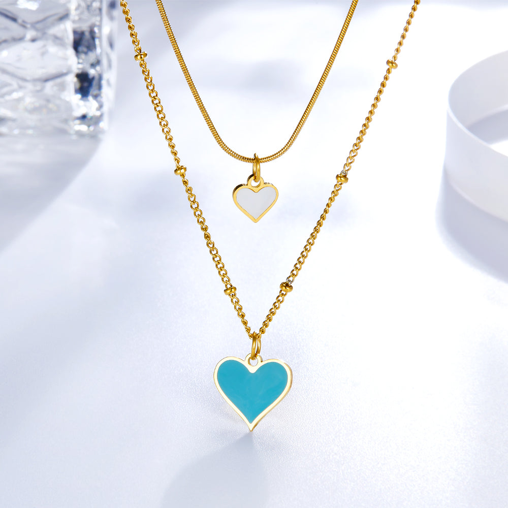 Blue and White Shell Heart-shaped Double Necklace asonjewelry