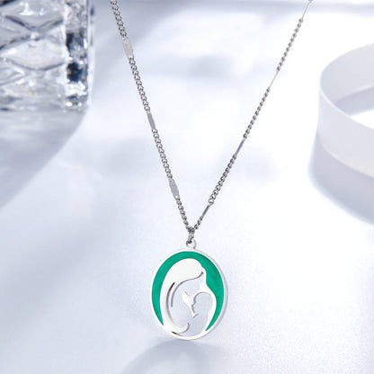 Stainless Steel Green Mother and Baby Hollow Accessories Necklace asonjewelry