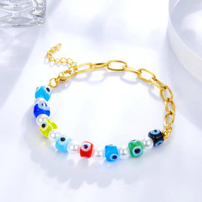 Stainless Steel Half With Chain Half Pearls and Eyes Accessories Bracelet asonjewelry