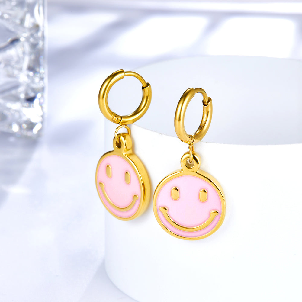 Stainless Steel Pink Round Smiley Face Earrings asonjewelry