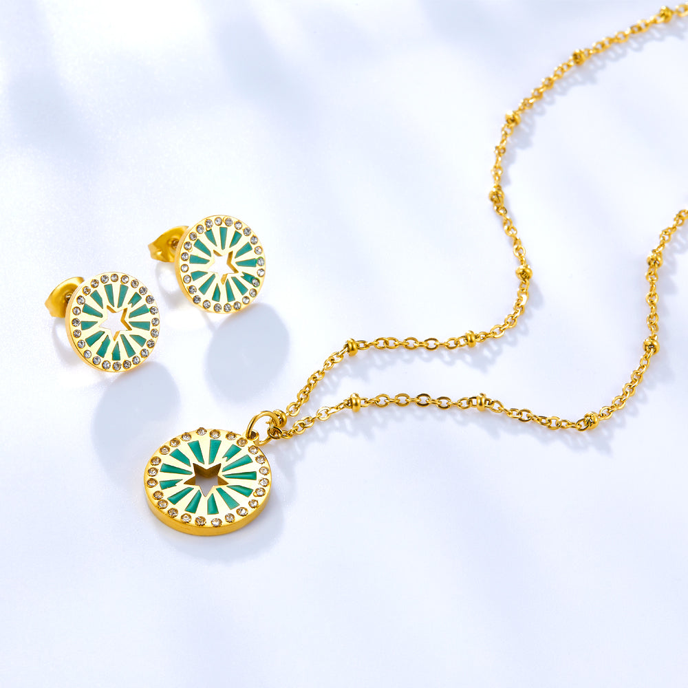 Center of the Circle Star-shaped Green Drop Oil With Diamond Jewelry Set asonjewelry