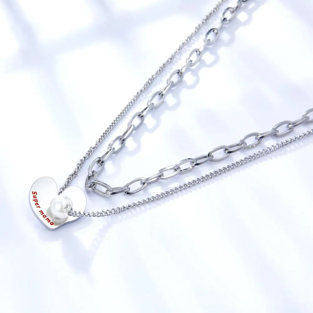 Heart-shaped Accessory With White Pearl+With Chain Double Chain Necklace asonjewelry