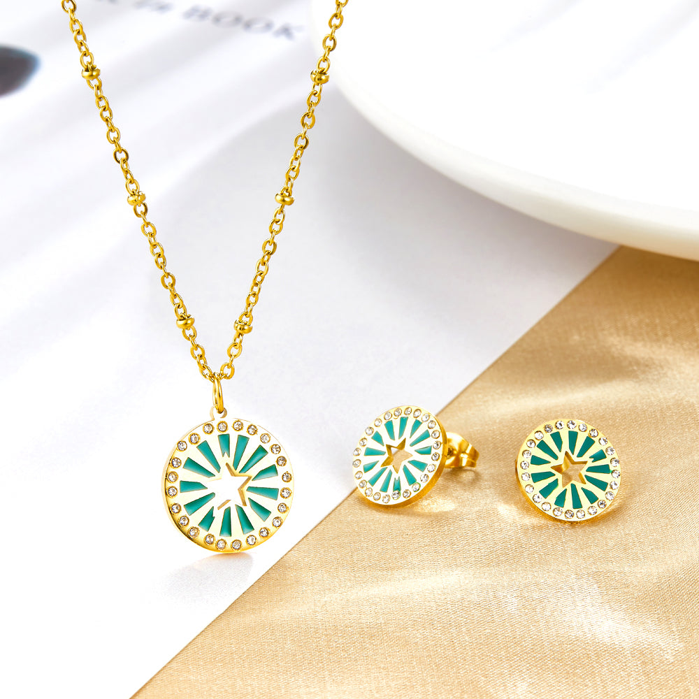 Center of the Circle Star-shaped Green Drop Oil With Diamond Jewelry Set asonjewelry