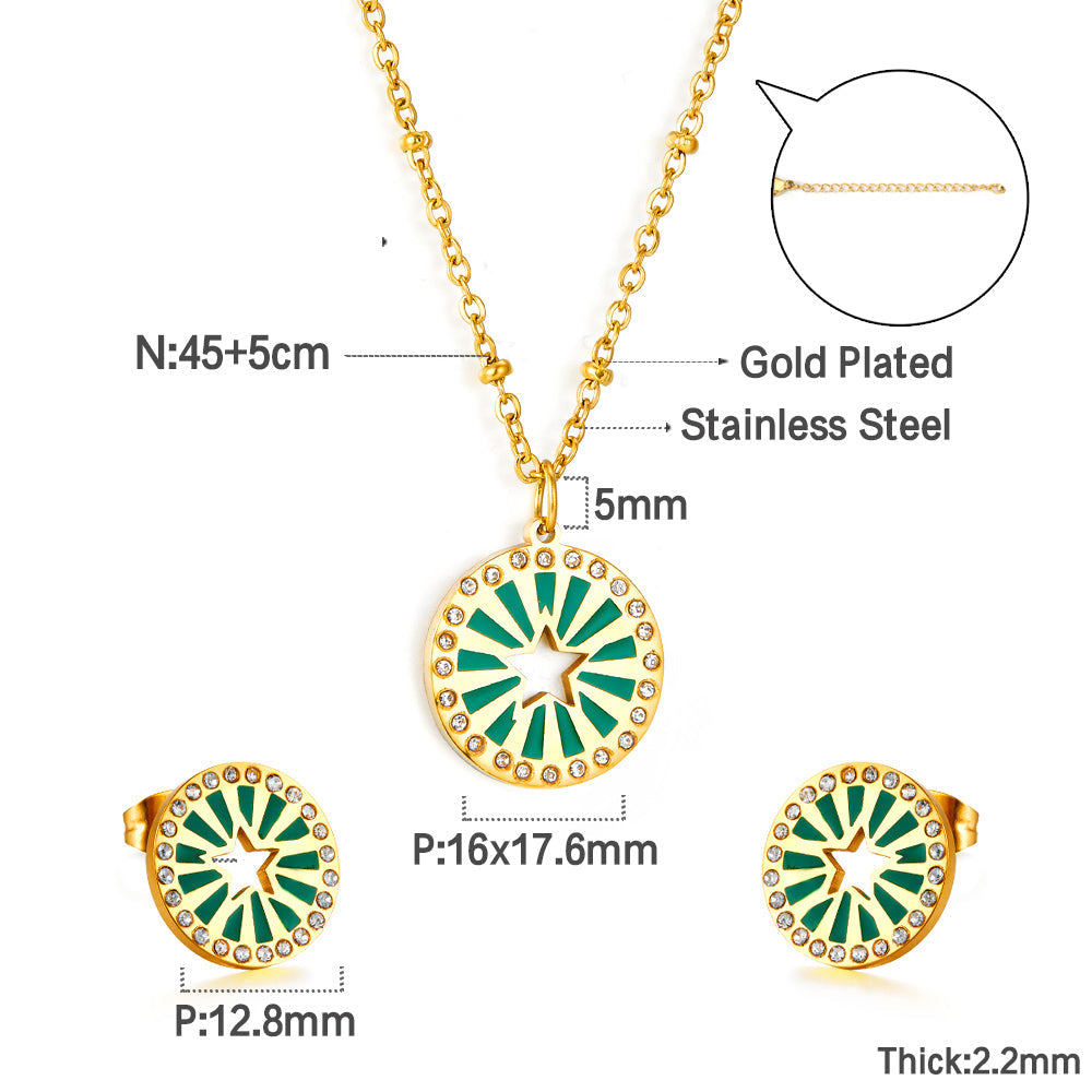 Center of the Circle Star-shaped Green Drop Oil With Diamond Jewelry Set asonjewelry
