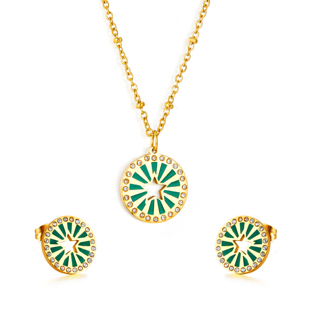 Center of the Circle Star-shaped Green Drop Oil With Diamond Jewelry Set asonjewelry
