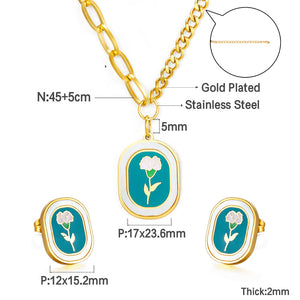 Conjunto De Joyería De Aceite De Gota Verde Oscuro De Clavel De Moda