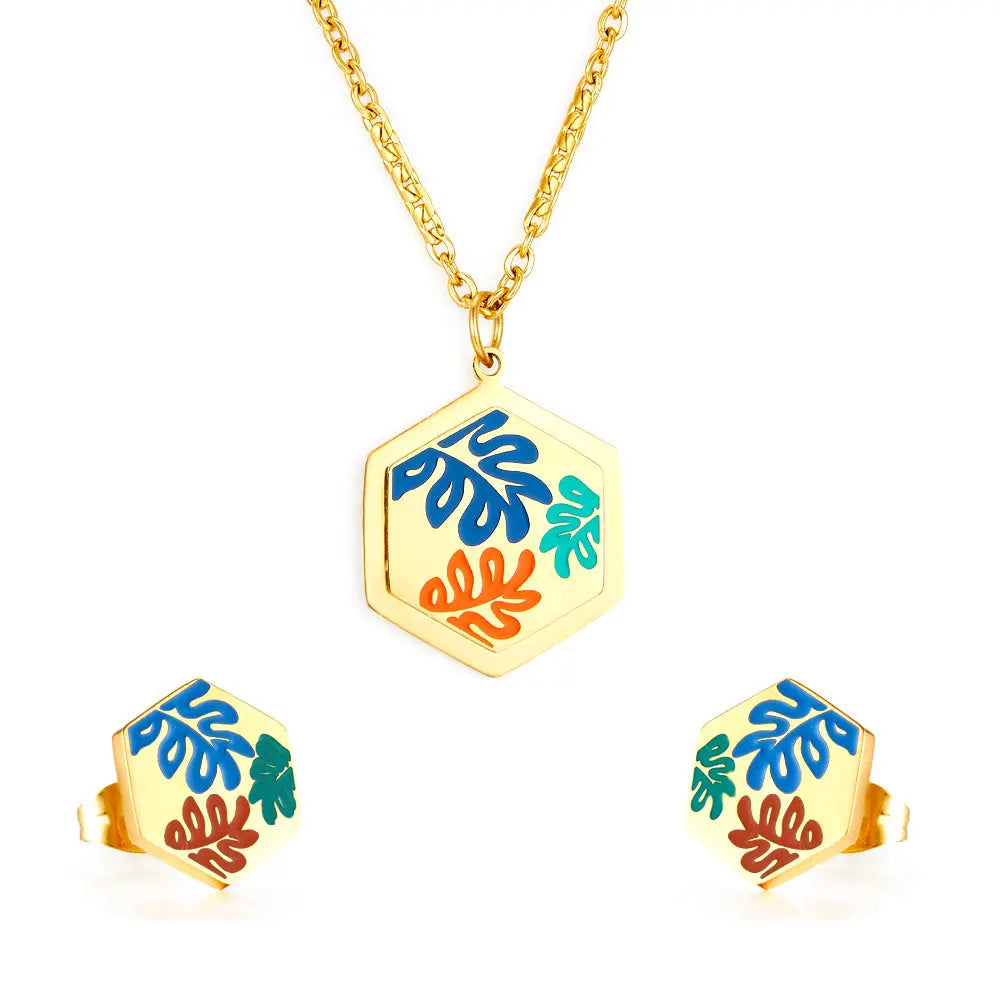 Hexagon Edge With Mixed Color Leaf Jewelry Set asonjewelry