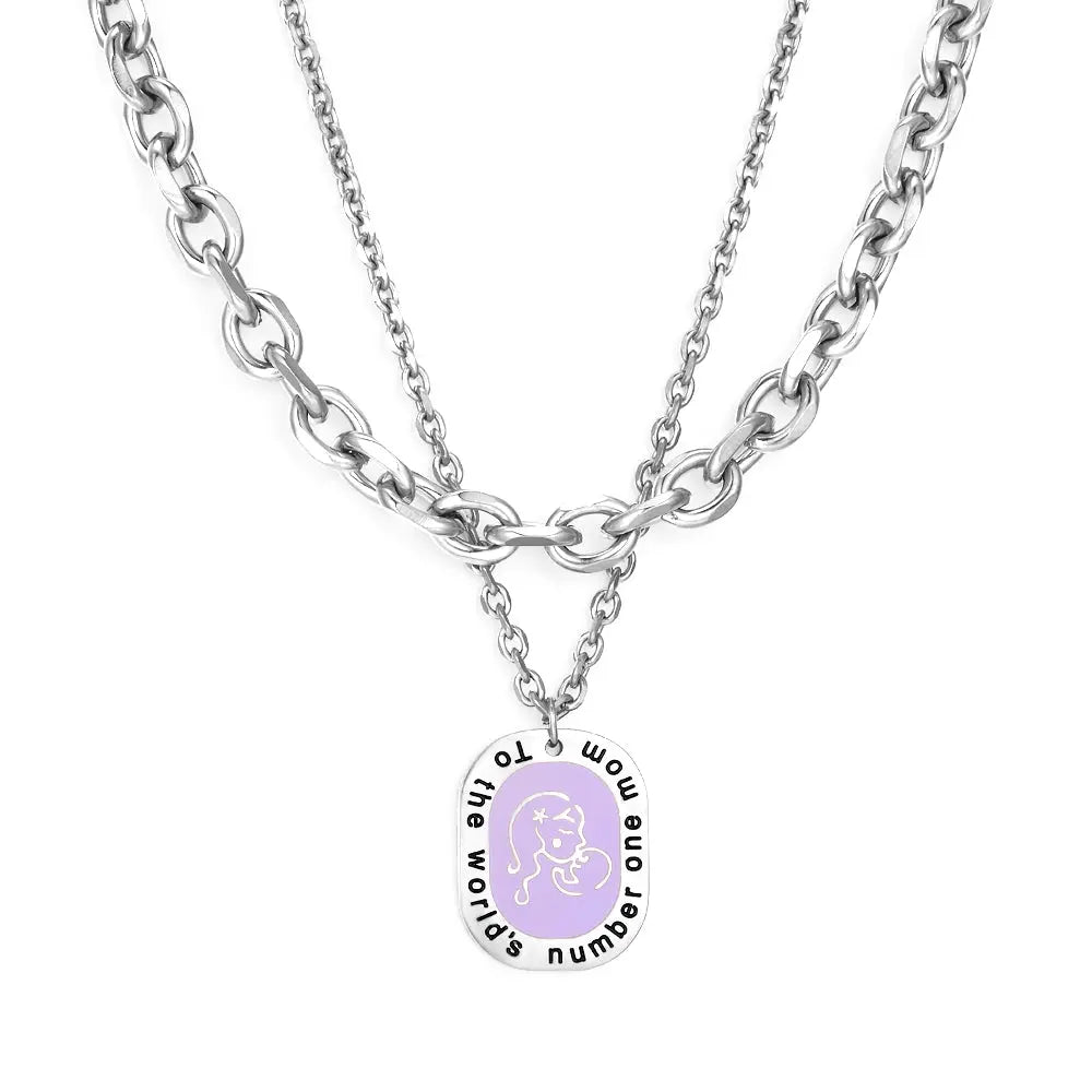 Oval Accessory With Purple Mother-baby Double Chain Necklace asonjewelry