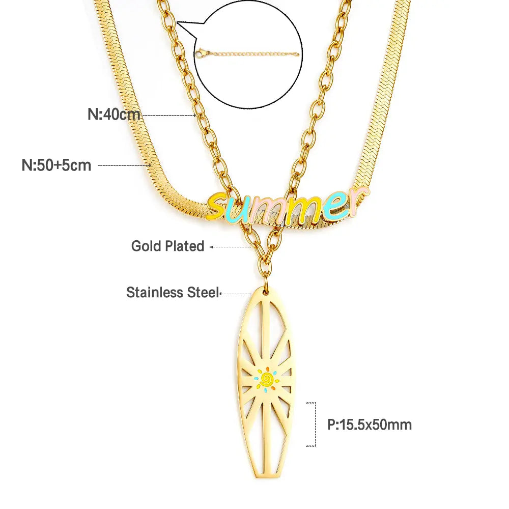 Summer Mixed Color Letters+Shield Double Chain Necklace asonjewelry