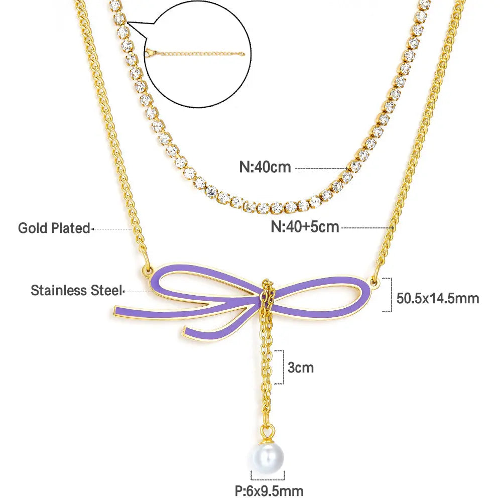 Odd-shaped Bow Purple With White Pearl + White Diamond With Chain Double Chain Necklace asonjewelry