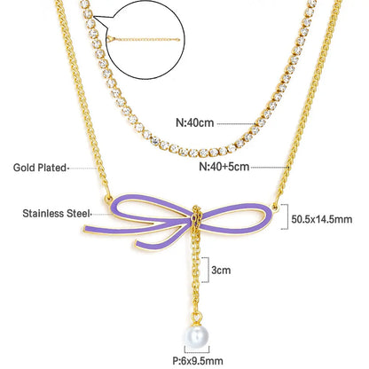 Odd-shaped Bow Purple With White Pearl + White Diamond With Chain Double Chain Necklace asonjewelry