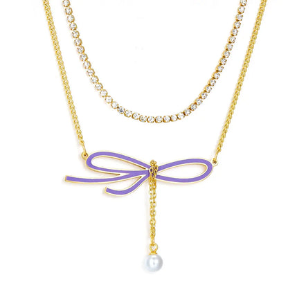 Odd-shaped Bow Purple With White Pearl + White Diamond With Chain Double Chain Necklace asonjewelry