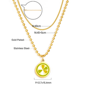 Collier à double chaîne en forme de tranche de citron, couleurs mélangées + chaîne