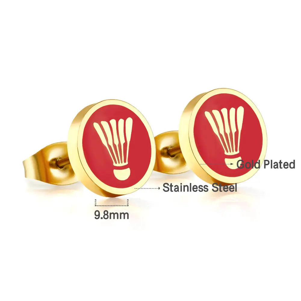 Stainless Steel 18k Gold Plated Badminton Red Cut Stud Earrings asonjewelry