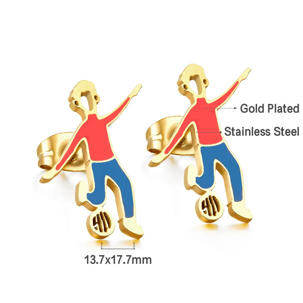 Boys Playing Football Mixed Color Cut Stud Earrings asonjewelry
