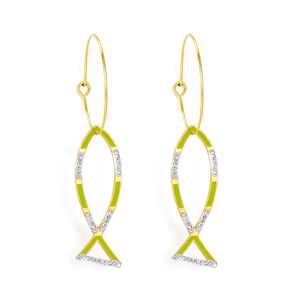 Circle With Fish-shaped Hollow Mixed Color With Diamond Earrings asonjewelry