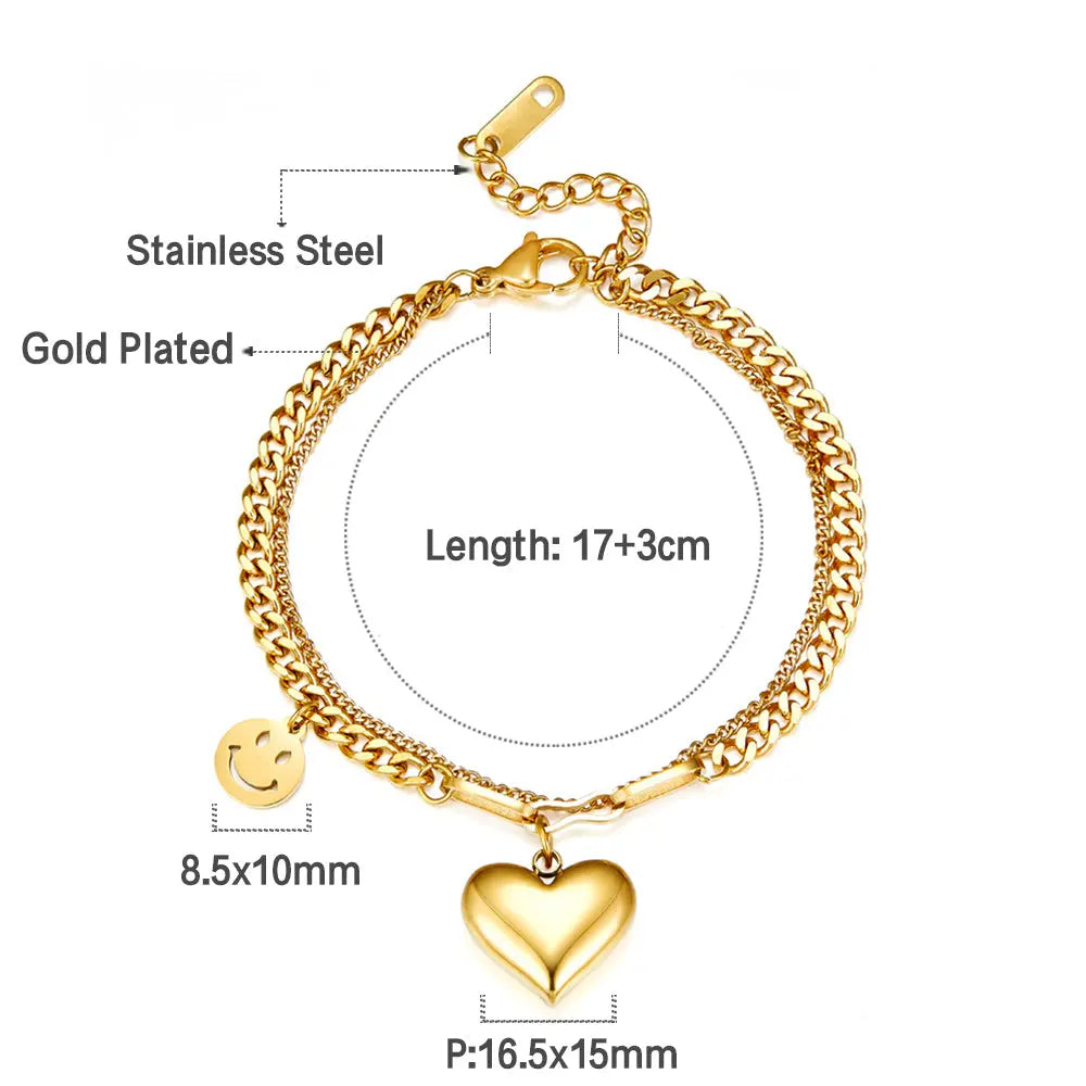 Stainless Steel Heart-shaped and Smiley Face Accessories Double Bracelet asonjewelry