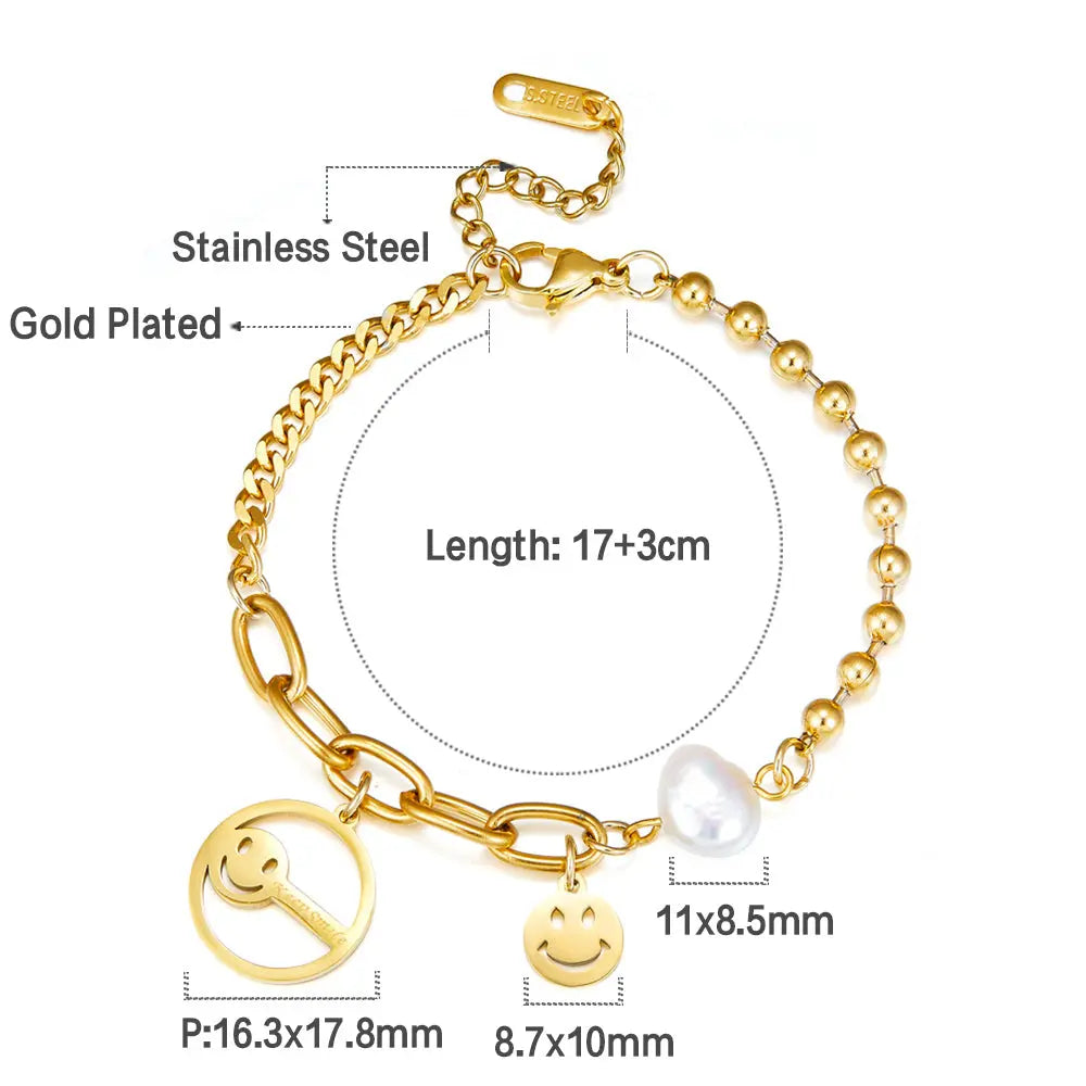 Smiley + Circle Hollow With Smiley Accessories With Special-shaped White Pearl Bracelet asonjewelry