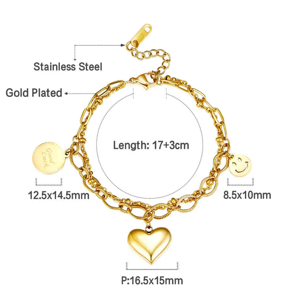 Heart-shaped+Round+Smiley Accessories Double Bracelet asonjewelry