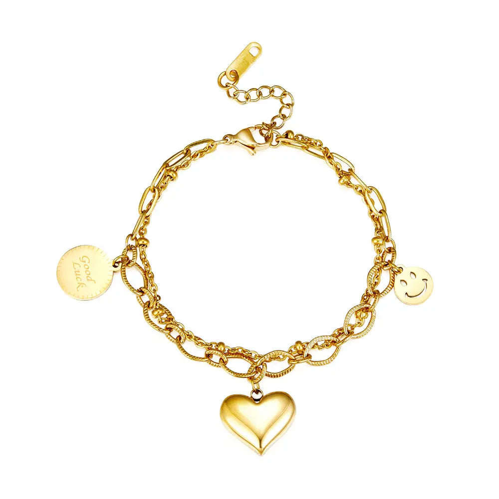 Heart-shaped+Round+Smiley Accessories Double Bracelet asonjewelry