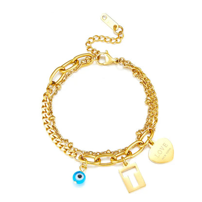 Heart-shaped+Rectangular T-shaped Hollow+1 Blue Eyeball Double Bracelet asonjewelry