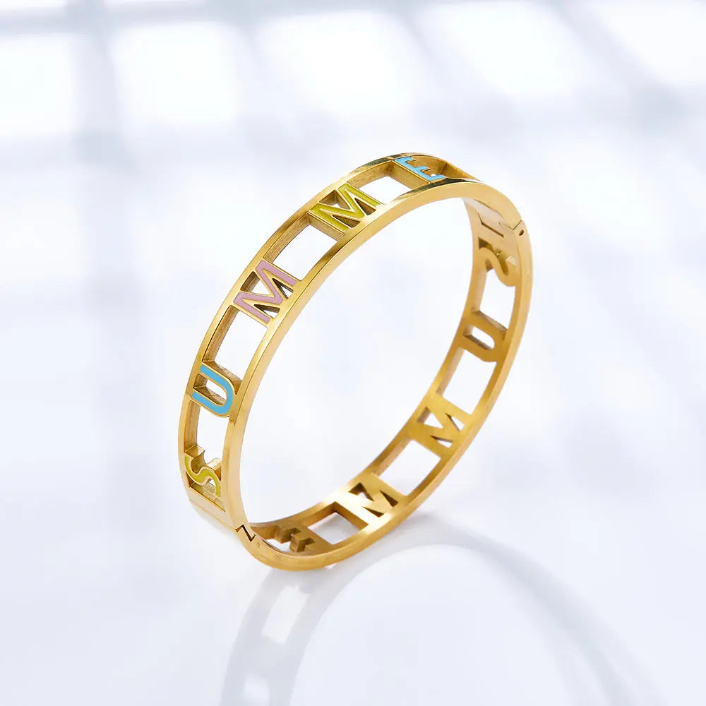Stainless Steel Mixed Color Letter SUMMER Hollow Hard Bracelet asonjewelry