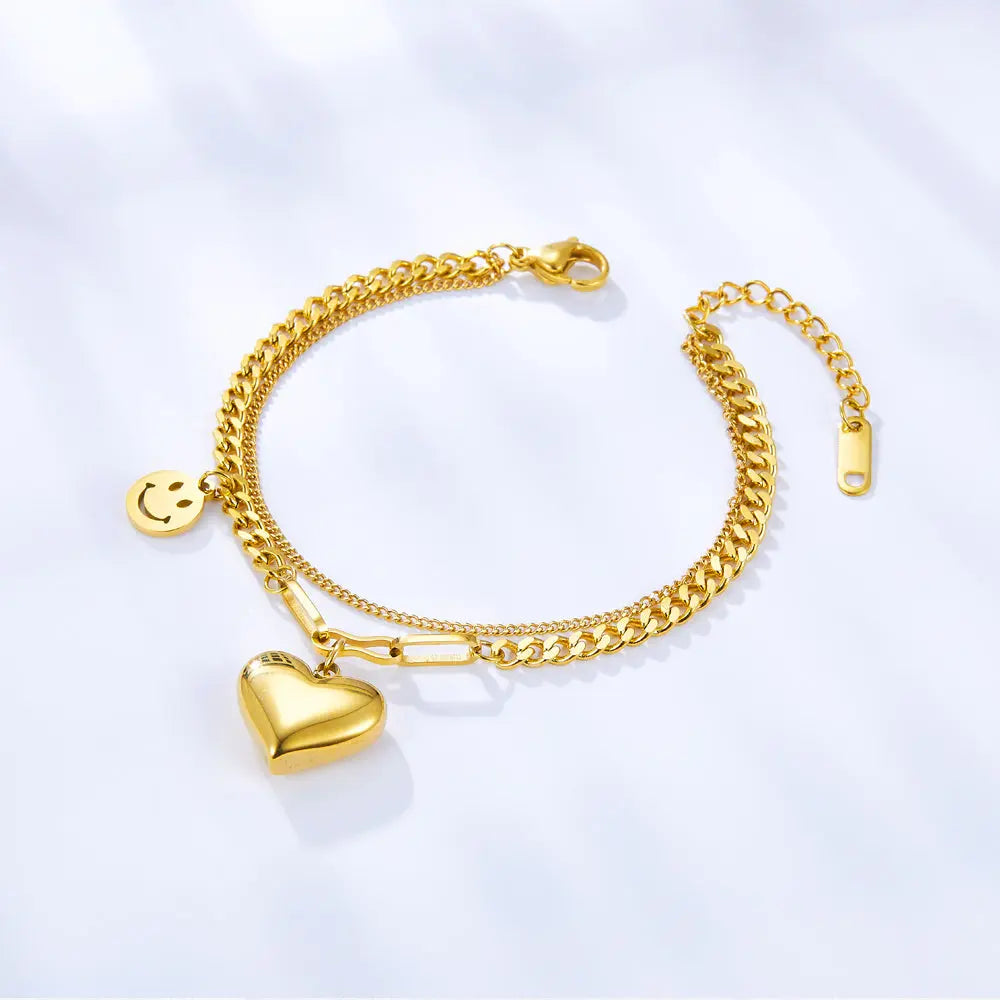 Stainless Steel Heart-shaped and Smiley Face Accessories Double Bracelet asonjewelry