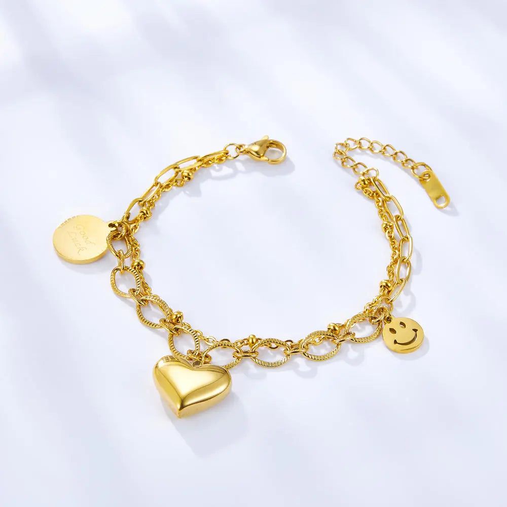 Heart-shaped+Round+Smiley Accessories Double Bracelet asonjewelry
