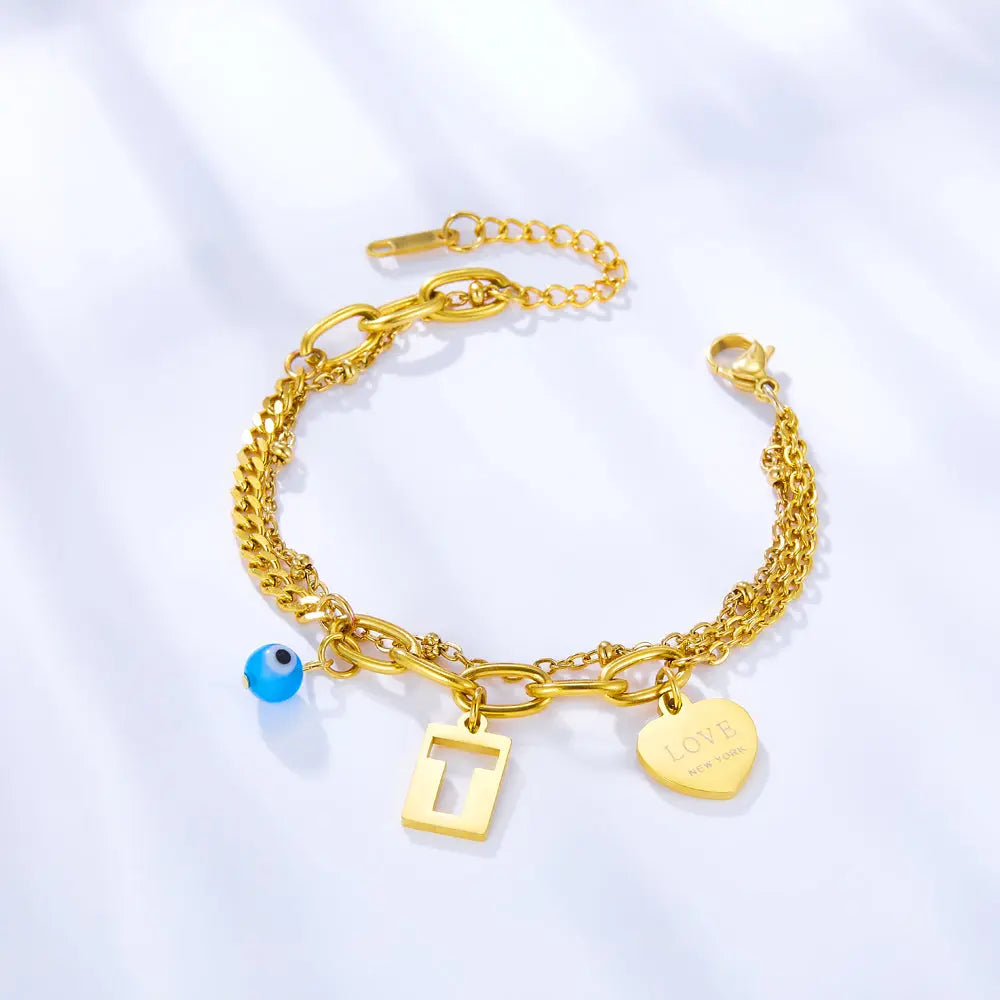 Heart-shaped+Rectangular T-shaped Hollow+1 Blue Eyeball Double Bracelet asonjewelry
